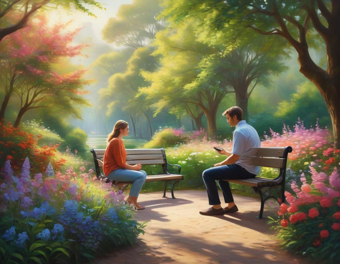 A serene landscape depicting two people sitting on a park bench, engaged in a deep conversation while surrounded by lush greenery and blooming flowers. In the foreground, a smartphone displays tracking visuals indicating communication flow, symbolizing modern connectivity. Soft, warm lighting creates a peaceful atmosphere, evoking feelings of contentment and connection. Painting style. vibrant colors. soft focus.