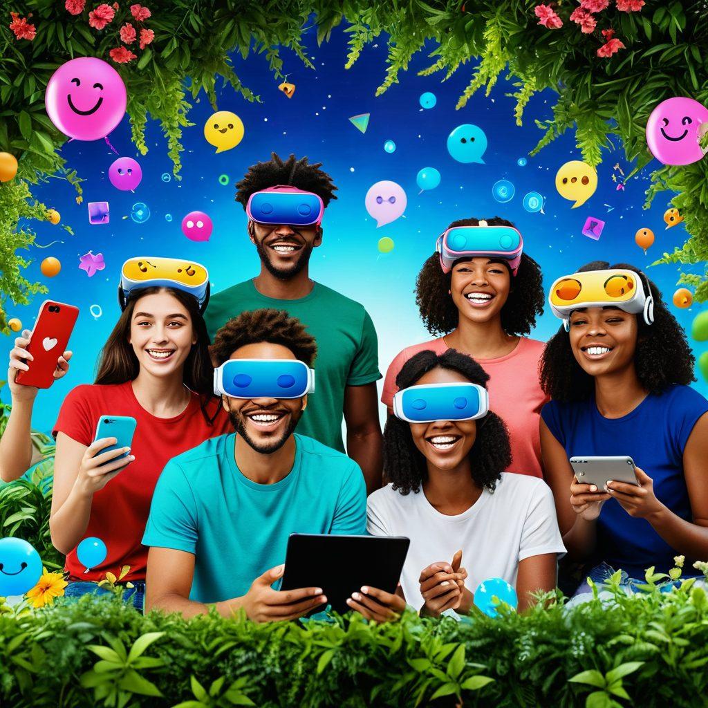 A lively group of diverse friends interacting through various digital devices, with vibrant holographic messages connecting them in a colorful, dynamic environment. Include elements like virtual reality headsets, smartphones, and tablet screens showing cheerful emojis and chat bubbles. The background should depict a blend of nature and technology, symbolizing connection. super-realistic. vibrant colors. lively atmosphere.