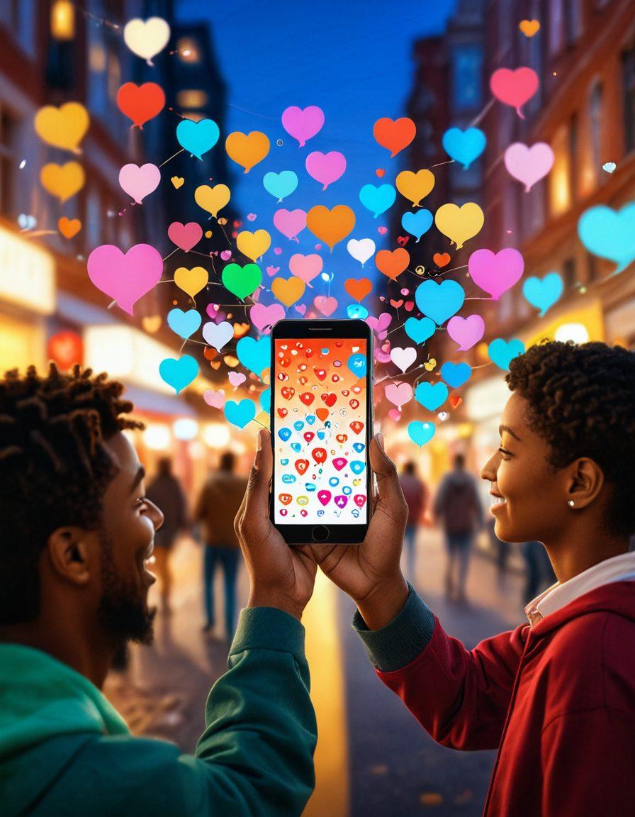 A person using a smartphone with a vibrant display showing various social interaction icons, such as a heart, chat bubbles, and location pins. Surrounding them are abstract representations of connected people, symbolizing the joy of social connections enhanced by technology. A warm, inviting color palette to evoke feelings of happiness and community. super-realistic. vibrant colors. soft focus.